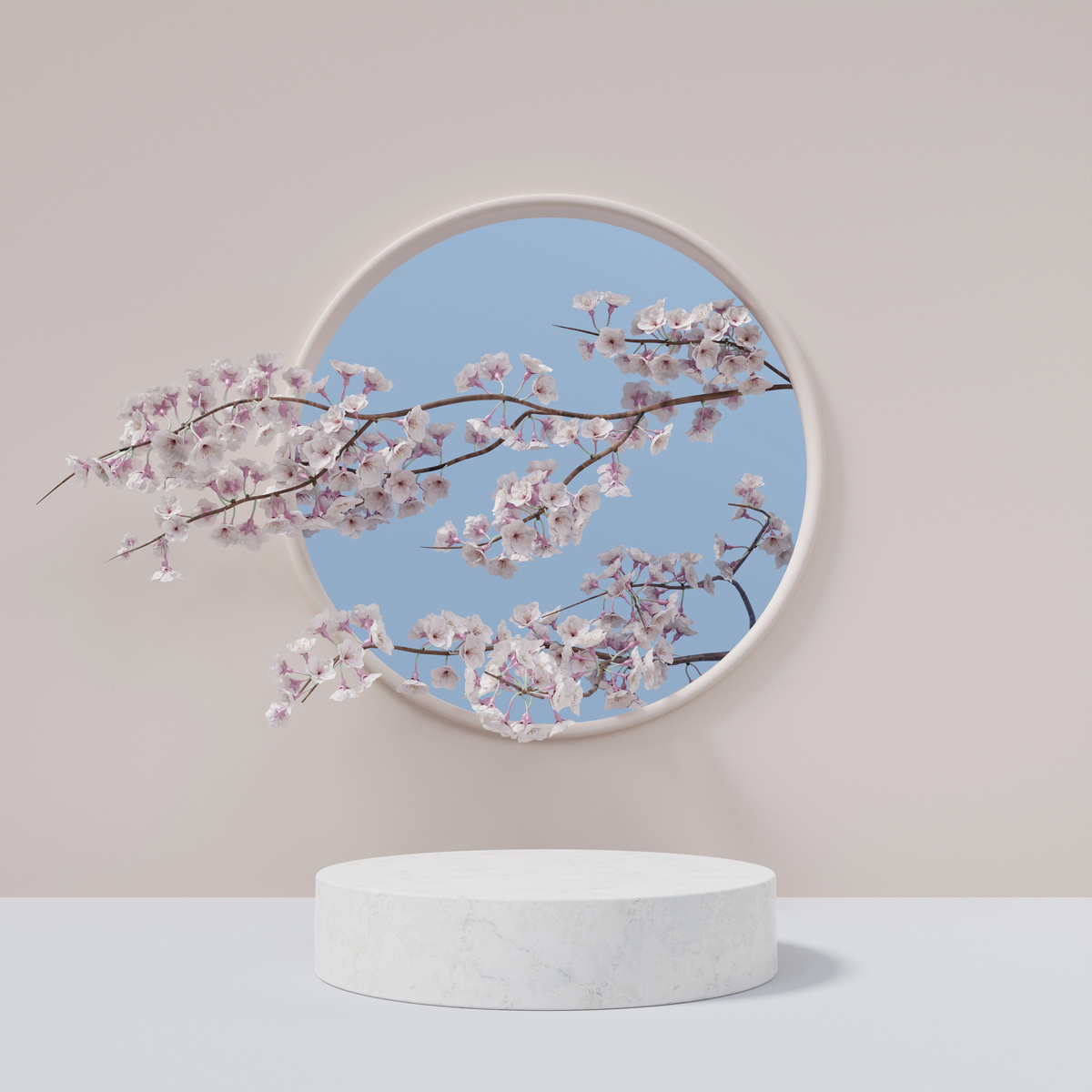 Cylindrical white marble podium with cherry blossom
