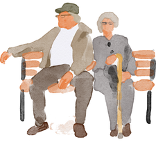 Watercolor old couple sitting in a bench